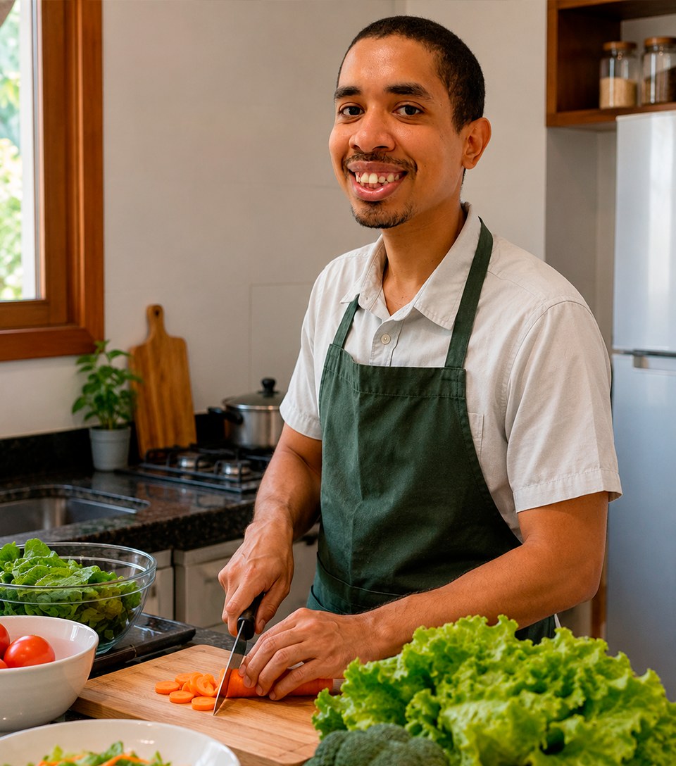 Carlos cortando uma cenoura na cozinha, com verduras frescas sobre a bancada